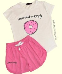 تصویر ست راحتی دخترانه تیشرت و شلوارک دونات صورتی Donat