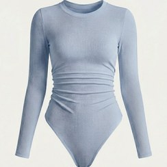 تصویر بادی آستین بلند زنانه کبریتی مدل بیسیک یقه گرد, رنگ آبی پاستلی 