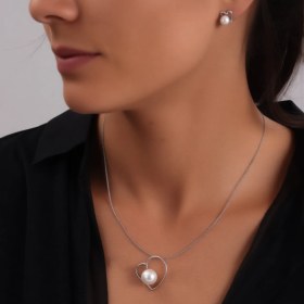 تصویر نیم ست نقره اصل 925 طرح قلب مروارید دار بدون زنجیر 