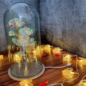 تصویر گل رز جاودان گلکسی کریستالی و طلایی | با باکس پایه چوبی | کادو ولنتاین 