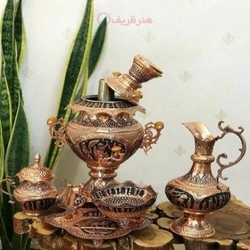 تصویر سرویس سماور8 لیتری مسی با قلم زنی جمشیدی، سیاه قلم اعلاء دارای روکش کوره ای 