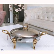 تصویر سوفله خوری بیضی دسته نگین دار طلایی _ بزرگ oval souffle bowl with golden jeweled handle _ large