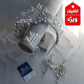 تصویر تاج ظریف و زیبا Nilmah-1 تاج نقره ای و گوشواره شیک تاج پرنسسی شیک تاج ریسه شینیون مو 