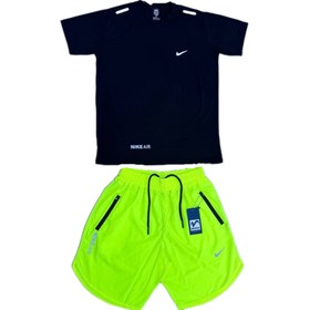تصویر ست تیشرت شلوارک نایک مشکی فسفری ورزشی 