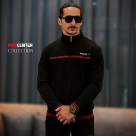 تصویر ست گرمکن شلوار ورزشی سایز بزرگ مردانه ریبوک مشکی زرشکی استایل اسپرت و راحت برای آقایان درشت‌اندام انتخابی مناسب ورزش، خانه و بیرون