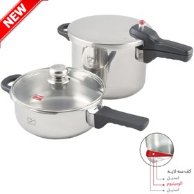 تصویر زودپز پارس استیل دوقلو 3 و 6 لیتری با درب پیرکس Pars Steel Pressure Cooker 3-6 L