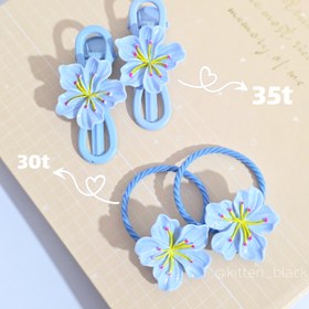 تصویر گیره و کش مو شکوفه ای - صورتی پر رنگ / کش مو 