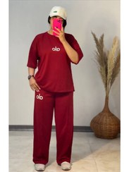 تصویر ست تیشرت و شلوار الو زنانه نخ پنبه - زرشکی / فری سایز از 36 تا 46 