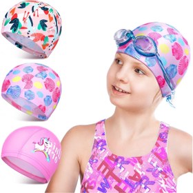تصویر کلاه شنا بچگانه پلی استر سه عددی برند solarae 3 Pack Kids Polyester Swim Caps, Flexible Nylon Bathing Hats for Long Hair, Unisex Swimming Caps for Children, Comfortable and D