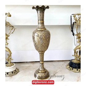 تصویر گلدان برنجی برنزی کشمیری 40 اینچ سیاه قلم فول Indian Kashmiri Bronze Brass Vase 40 Inch Black Pen Full