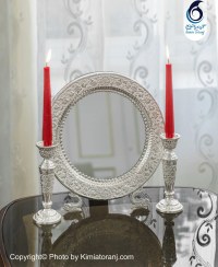 تصویر آینه شمعدان گرد 28 شبه نقره قلم گل و مرغ با روکش و ضمانت ۳۶ ماهه کیمیاترنج 