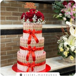 تصویر کیک پول تولد ۳ طبقه با تراول ۵۰ هزار 