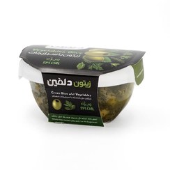 تصویر زیتون با سبزیجات ممتاز قایقی بدون هسته 120 گرم دلفین | تازه، خوش طعم و آماده مصرف Premium Boat-Shaped Olives with Herbs 120g | Fresh Tasty & Ready-to-Eat