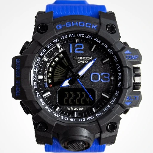 خرید و قیمت ساعت مچی مردانه مشکی با بند آبی G-SHOCK دو موتور