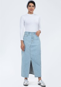 تصویر دامن جین آبی روشن بلند 70025 Long light blue denim skirt