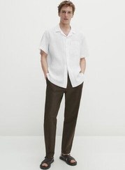 تصویر پیراهن / بلوز دکمه دار سفید مردانه کتانی کوتاه آستین اورجینال Massimo Dutti 