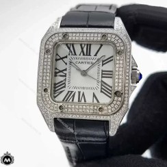 تصویر ساعت مچی زنانه کارتیه مدل سانتوس فول نگین بند چرم 