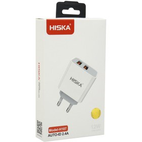 تصویر شارژر دیواری فست شارژ Hiska H107 2Port 2.4A 12W + کابل Hiska H107 2Port 2.4A 12W Wall Charger With