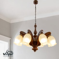 تصویر لوستر چوبی مهسا منبت هشت شاخه دارکار 