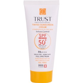 تصویر کرم ضد آفتاب رنگی و کنترل چربی تراست اصل بژ تیره (پوست مختلط تا چرب)spf50 حجم۴۰میل Trust tinted sunscreen