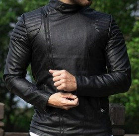 تصویر کاپشن چرم زیپ کج مشکی مات ا Matte Black Zipper Zipper Jacket Matte Black Zipper Zipper Jacket