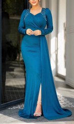 تصویر پیراهن مجلسی زنانه ماکسی مدل نوژین سایز ۴۶ آبی کاربنی 