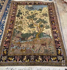 تصویر فرش دستباف جفت پشتی کاشان (نقشه گلدانی سرمه‌ای) 