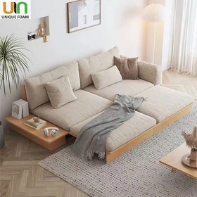 تصویر مبل تخت خواب شو دو نفره چوبی سولارا با جعبه ذخیره‌سازی و دسته مکانیزمی 