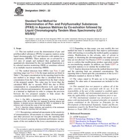 تصویر ASTM D8421 − 22- Standard Test Method for Determination of Per- and Polyfluoroalkyl Substances (PFAS) in Aqueous Matrices by Co-solvation followed by Liquid Chromatography Tandem Mass Spectrometry (LC/ MS/MS)- دانلود استاندارد 