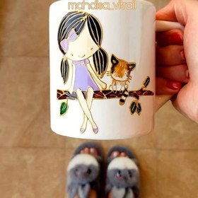 تصویر لیوان دخترک و گربه 