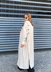 تصویر مانتو ترنچ کت بارانی بلند زنانه چاک دار پاییزه جنس کتان ضد آب - مشکی 