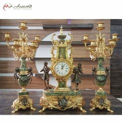 تصویر ست ساعت رومیزی و شمعدان با بدنه ی برنزی و سنگی به رنگ طلایی سبز با گارانتی کد 451 