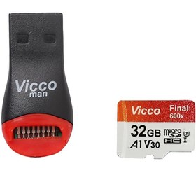 تصویر کارت حافظه microSDHC ویکومن مدل A1 V30 600X کلاس 10 استاندارد UHS-I U3 سرعت 90MBps ظرفیت 32 گیگابایت به همراه کارت خوان 