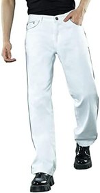 تصویر Rhysley White Straight Fit Folded Straight Leg Cotton Men&#39;s Fashion Wear Denim Jeans, White, 36 