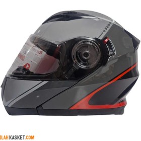 تصویر کلاه کاسکت فک متحرک ردلاین 935 | Gray shiny Redline black movable jaw casket hat 935 Gray shiny