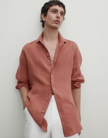 تصویر پیراهن / بلوز دکمه دار نارنجی مردانه مناسب 100 ٪ کتانی Massimo Dutti 