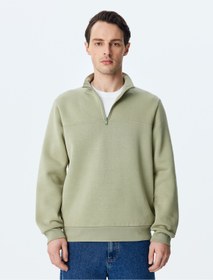 تصویر خرید اینترنتی پلیور مردانه سبز کوتون 5WAM70255MK786 KT - Uzun Kollu Pamuk Karışımlı Basic Yarım Fermuarlı Sweatshirt