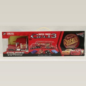 تصویر کامیون مکویین درب بازشو همراه با ۵تا ماشین مکویین اسباب بازی کامیون و ماشین مک کویین