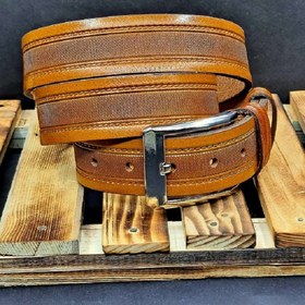 تصویر کمربند چرم طبیعی مردانه عسلی عرض 4 اسپورت mb105 leather belt 4cm mb105