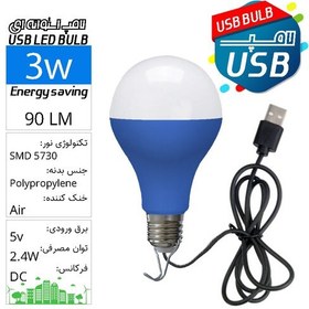 تصویر لامپ مسافرتی SMD کابل USB حبابی 3 وات بدنه آبی با کابل 0.7متری USB LED Bulb 