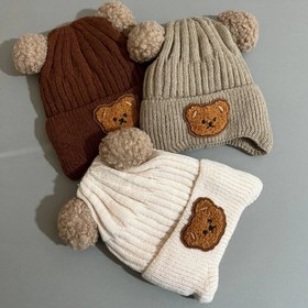 تصویر کلاه بچگانه تدی دو پوم تدی داخل آستر‎ - قهوه ای Children's teddy hat with two teddy poms inside the lining