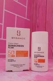 تصویر فلوئید ضد آفتاب فیوژن واتر SPF50 بیزانس مناسب پوست چرب و مختلط Byzance Fusion Water Sunscreen Fluid