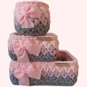 تصویر سبد قلاب بافی تریکو‌ طرح نوزادی کجراه کد 60 مجموعه 3 عددی 