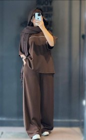 تصویر ست تیشرت و شلوار زنانه مازراتی مغزی دوزی رنگ مشکی و نسکافه ای 
