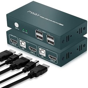 تصویر سوئیچ KVM HDMI 2 پورت، 4 هاب USB 2.0، UHD 4K@30Hz، پشتیبانی از صفحه کلید و ماوس بی سیم، بدون نیاز به برق، با کابل های HDMI و USB 