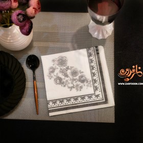 تصویر خرید عمده دستمال سفره کاغذی مجلسی طرح گل دار سیاه و سفید، بسته۲۰برگی 