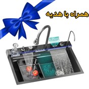 تصویر سینک ظرفشویی آبشاری 5 کلید لانه زنبوری _ برند هایشنگ SUS-304 گرید A - سینک + دوش حمام پیانویی هدیه Waterfall sink with 5 honeycomb keys _ Haisheng brand SUS-304 grade A