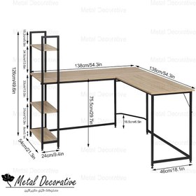 تصویر میز کامپیوتر نوجوان ال شکل کتابخانه دار پایه فلزی 