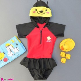 تصویر مایو دخترانه کلاه دار وارداتی کفشدوزکی baby girl swimsuits 