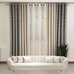 تصویر پک ۵ تکه پرده آماده پانچی مخمل طلاکوب طوسی و کرم 